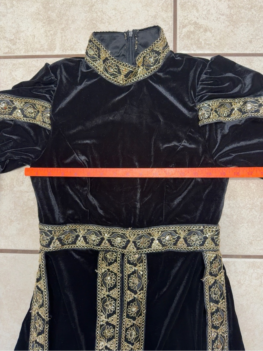 Black Velvet Maxi Dress with Gold Trim and High Collar - Picture 5 of 9